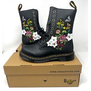 Dr. Martens Women's Black Floral Embroidered Leather Lace-Up Boots